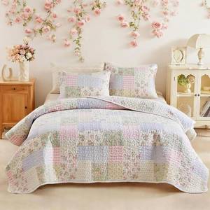 lot 22339 image: Joyreap 3 Pieces King Size Floral Cotton Quilt Set for Girls, Colorful Flowers Grids Patchwork Design, Cozy Lightweight Cotton Quilt Bedspread Bed Cover for All Season- 102x90 inches