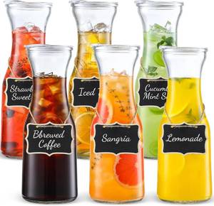 lot 22351 image: Set of 6 Glass Carafe with Lid, 1 Liter Beverage Serveware Carafe, Clear Glass Pitcher for Mimosa Bar, Brunch, Cold Water, Juice, Milk, Iced Tea, Lemonade