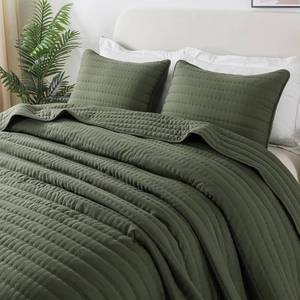 lot 22360 image: Olive Green Oversized King Size Quilt Set, California Cal King Striped Pick Stitch Bedspread, Soft Channel Farmhouse Rustic Coverlet, Spring Summer Lightweight Thin Comforter, 118x106 inches