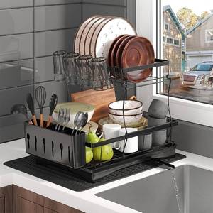 lot 22782 image: Large Dish Drying Rack for Kitchen Counter, Detachable Large Capacity Dish Drainer Organizer, 2-Tier Dish Racks with Utensil Holder