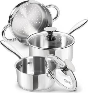 lot 22784 image: MICHELANGELO Stainless Steel Saucepans with Steamer 5Pcs, 1810 Saucepan Set with Glass Lids, Sauce Pot Set with Triply Bottom Induction Compatible - 1QT & 2QT