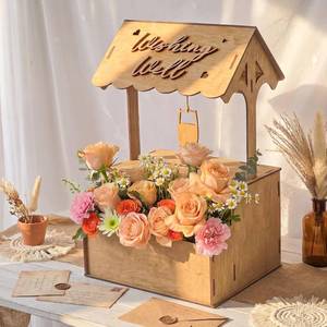 lot 22786 image: Wishing Well Wedding Card Box for Reception, Wooden Money Gift Card Box with Lock & Flower Trough, Rustic Wood Envelope Card Box for Wedding Party Decorations Birthday Bridal Baby Shower Decor