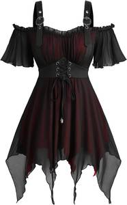 lot 22822 image: ROSE GAL Plus Size Womens Goth Cold Shoulder Corset Top Two Tone Ruffles Buckles Lace-up Underbust T-shirt Size 4XL