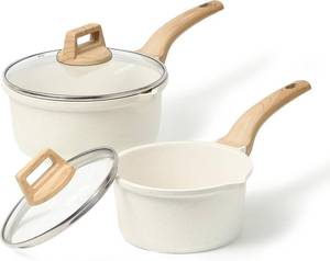 lot 22825 image: CAROTE 1.5Qt & 3.0Qt Sauce Pan Sets with Lid Cooking Pots Nonstick Saucepans Cookware Set with Pour Spout Small Kitchen Pot, Induction Comptable, Easy to Clean, PFOA FREE (White Granite)