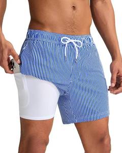 lot 22827 image: maamgic Mens Swim Trunks with Compression Liner 5 Inch, Quick Dry Bathing Suit with Zipper Pockets, No-Chafing Swim Shorts Blue White Stripe Size Large