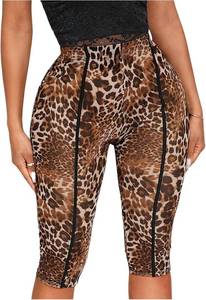 lot 22830 image: RoseSeek Womens Y2K Leopard See Through Mesh Cropped Leggings 34 Length Club Capri Pants size XXL