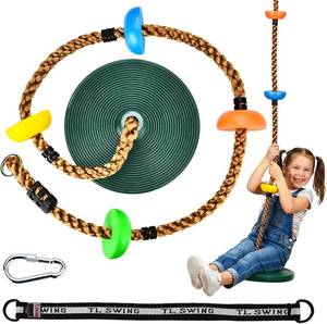 lot 22866 image: HeyZoo Tree Swing for Kids 330LB Capacity, Climbing Rope with Platforms and Disc Swing Seat Set Outdoor Backyard Playground Accessories with Carabiners and Thickened Strap, Green
