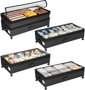 lot 22895 image: Kitstorack 2 Pack Height-adjustable Under Bed Storage with Wheels, Under Bed Storage Containers,Under Bed Shoe Storage Organizer with Clear Window&Label, Suitable for Clothes Storage, Black