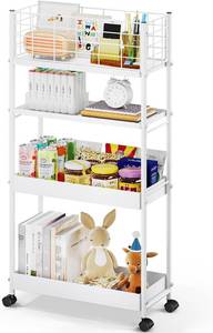 lot 22903 image: KINGRACK Slim Rolling Storage Cart 4 Tier - Heavy Duty Metal Utility Cart with Raised Edge & Wheels, Narrow Mobile Organizer Shelves for Bathroom, Kitchen, Laundry, Office, Living Room, White