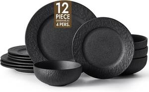 lot 22908 image: KINGSTONE Black Dinnerware Sets, 12-Piece Matte Marble Pattern Premium Porcelain, Place Setting with Dinner Plate, Salad Plate, Pasta Bowl, Microwave and Dishwasher Safe