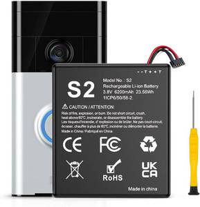 lot 22911 image: Replacement Battery for S2, 6200mAh Ultra High Capacity Li-ion Battery for Ring Video Doorbell 2nd Generation 1ICP65056-2, 5UM5E5, (6 Cable Plug Version Only) 1-Pack