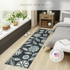 lot 22914 image: Maples Rugs Reggie Floral Runner Rug - Made in USA - Washable, Non Slip Indoor Carpet for Kitchen, Hallway, and Laundry Room, 2 x 7, Persian Blue