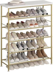 lot 22915 image: SUOERNUO Shoe Rack Organizer 6 Tier for Closet Entryway Free Standing Metal Storage Shoe Shelf with MDF Top Board Gold