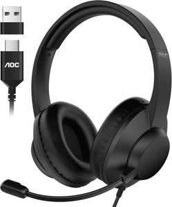 lot 22920 image: AOC USB Headset with Microphone for PC, Over-Ear Wired Headphones with Mic, Noise-Cancelling Boom, 40mm Audio Drivers, USB-AC Compatibility for Office, Call Centers & Online Meetings (Black)