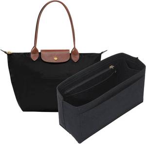 lot 22949 image: Purse Organizer Insert for Longchamp Le Pliage L Tote Bag, Felt Lightweight Long Champ Large Tote Divider Shaper with Cup Holder,Zipper Bags Inner Linner with 8 Deepened Pockets,LBlack