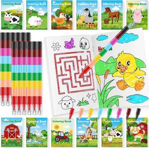 lot 18705 image: BenLouis 24 Farm Animals Mini Coloring Books Kids with 24 Stacking Crayons Barn Party Favors Activity Books Bulk for Kids Farm Cow Horse Birthday Goodie Bag Gift Stuffer Classroom Reward