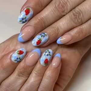 lot 18716 image: Almond Press on Nails Short Fake Nails with Fruits Strawberry Design Glossy Blue French Tips Acrylic Nail Checkered Nail Press ons Reusable Cute Spring Summer False Nail for Women Manicure 24Pcs