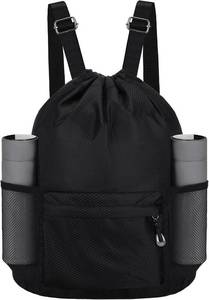 lot 18721 image: Waterproof Drawstring Bag, Lightweight String Backpack with Water Bottle Holder and Pockets, Gym Sports Cinch Sackpack (Black)