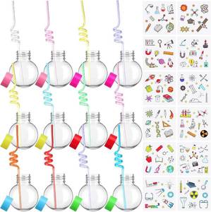 lot 18723 image: Jingmore 36 Pcs Science Party Theme Cups Set with Silly Loop Straws Science Stickers Plastic Reusable Small Conical Flask Bottles Test Tubes for Birthday Party Decorations(Spherical Bottles)