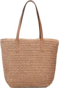 lot 18727 image: Large Straw Shoulder Bag Summer Beach Bag for Women Straw Tote Bag Handbag With Zipper Summer Shoulder Bag