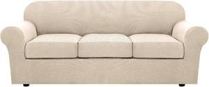 lot 18748 image: H.VERSAILTEX 4 Piece Stretch Couch Covers for 3 Cushion Couch Sofa Furniture Slipcovers Feature Upgraded Thicker Jacquard Fabric (Sofa, Natural)