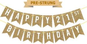 lot 18754 image: Netnology Pre-Strung Gold Happy 21st Birthday Banner Decorations,12 ft No DIY Gold Glitter 21st Birthday Party Banner Sign Decor for Women Men Girl Boy Party Supplies