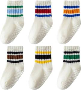 lot 18811 image: Toddler Grip Socks with Non-Slip, Unisex Baby Retro Stripe Seamless Crew Ankle Cotton Socks for Girls Boys 6 Pairs