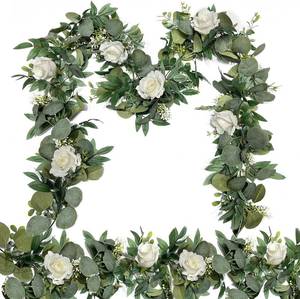 lot 18820 image: 2 Pack Artificial Spring Eucalyptus Flower Garland with White Roses, 13Ft Fake Flower Greenery Floral Green Garland Vines for Wedding Arch Table Runner Backdrop Mantle Home Decorations (White)