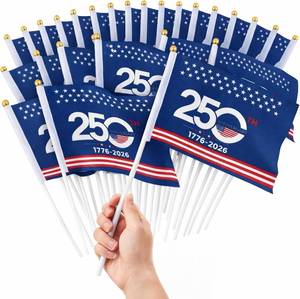 lot 18857 image: Remagr 50 Pcs Mini 250th Anniversary Flags 4x6 Inch Small American Stick Flags Patriotic Decor Hand Held Sign for America Celebrations Tabletop 4th of July 250 Year Parades Party Decor