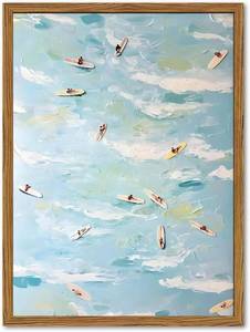lot 18880 image: Framed Tiny People Surfing Canvas Wall Art, Abstract Blue Coastal Surfer Pictures Wall Decor, Funky Summer Ocean Paintings Prints Beachy Home Decor for Living Room Bedroom Dorm 12x16 inch