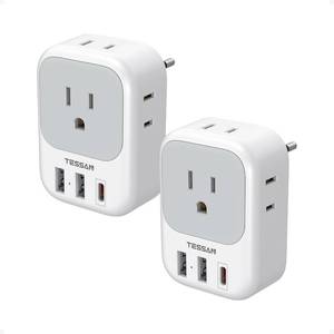 lot 18881 image: TESSAN 2 Pack European Travel Plug Adapter, Europe Power Converter 4 Outlets 3 USB(1 USB C PD 20W), Type C International Adaptor to Italy Spain France Portugal Iceland Germany, EU Travel Essentials