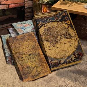lot 18883 image: Decorative Book Box Set of 2, Trinket Keepsake Storage Boxes Book Shaped Storage Box Vintage Style Decorative Faux Books Boxes Globe Antique Books for Home Decoration Old World Map Pattern
