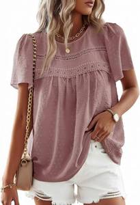lot 22954 image: Halife Womens Summer Tops Crewneck Short Sleeve Boho Shirts Lace Hem Casual Flowy Blouses Pink, Size XXL