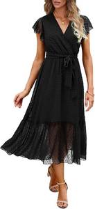 lot 22956 image: BTFBM Women Summer Bohemian Floral Casual Wrap V Neck Ruffle Cap Sleeveless Belt A-Line Pleated Hem Midi Sun Dress White Size Large, Black