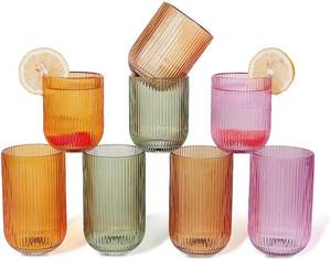 lot 22967 image: Set of 8 Dopamine-colored-match Ribbed Glassware,4 Highball Glasses 14oz & 4 Rocks Drinking Glasses 9oz, Origami Style, Fluted Design, for Daily use, Water, Cocktail, Whiskey, Kitchen, Gift