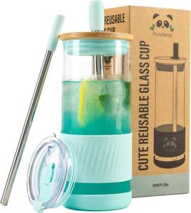 lot 22971 image: Pandaloo  Glass Cups With Lids and Straws -20 Fl Oz- Perfect Size Iced Coffee Cup - Smoothie Cup With Bamboo Lid and On the go Lid - Glass Tumbler With Straw (1 Count (Pack of 1), Carribean Blue)