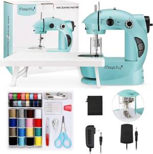 lot 21199 image: Magicfly Mini Sewing Machine with Extension Table, Dual Speed Portable Sewing Machine for Beginners with Light, Sewing Kit for Household Use, Blue
