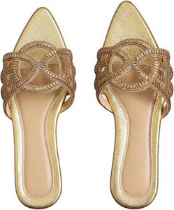 lot 21996 image: BEAUDRM Womens Sparkly Rhinestone Pointed Open Toe Flat Sandals Cut Out Dressy Prom Party Slip on Slides, Size 5.5, 6