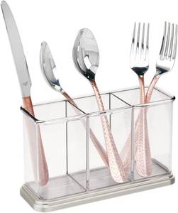 lot 21999 image: mDesign Plastic Cutlery Utensil Holder Storage Organizer Caddy for Kitchen Countertop Organization - Holds Fork, Knife, Spoon, Silverware - 3 Divided Sections - Hyde Collection - ClearBrushed