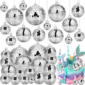 lot 22142 image: Flasoo 26 Pcs Disco Ball, 5 Sizes Disco Ball Ornaments Mini Mirror Silver Disco Balls Cake Topper Disco Themed Party Christmas Tree Ornaments Supplies (3.2inch, 2.4 Inch, 2 Inch, 1.6 Inch, 1.2 Inch)