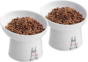 lot 22173 image: 6.5 Inch Extra Wide Ceramic Raised Cat Bowls, Tilted Elevated Cat Bowl  Prevent Neck, Whisker Fatigue, Anti Vomit, for Elder Big Cats & Small Dogs, Dishwasher Microwave Safe, 2 Pack, White
