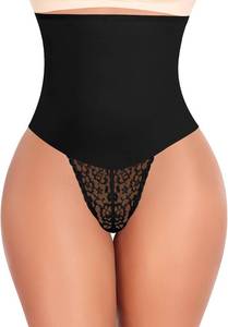 lot 22182 image: Werena Tummy Control Thong Shapewear for Women Mid High Waisted Body Shaper Underwear Lace Shaping Thong Girdle Panties Size XL, Black
