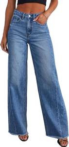 lot 22183 image: Sidefeel Womens Wide Leg Jeans High Waisted Stretchy Raw Hem Zimbaplatinum Denim Pants Size 14