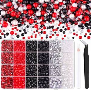 lot 22207 image: 14000PCS Flatback Pearls and Rhinestones for Bedazzling Kit  Red White Black Mixed Size 3-10mm Resin Rhinestones Gems and Half Pearls for Crafting, Nail Art Crafts Decoration