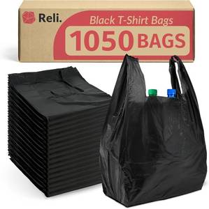 lot 22227 image: Reli. T-shirt Plastic Bags  1,050 Pack  Black Plastic Bags with Handles (Plain)  Ideal for Grocery, Shopping, Food Take OutTo Go, Small Business