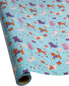 lot 22233 image: RayofSun Cat Wrapping Paper 17 inch X 32 ft Mini Roll for Girls and Boys, Cool Cute Blue Kitten Pattern, Kids Happy Birthday Gift Wrap Paper, Suitable for Cat Lovers, Birthdays, Parties, Baby Showers