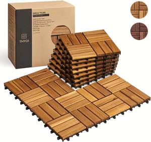 lot 22242 image: THYOI Premium Deck Tiles, Patio Flooring - Set 10 Pcs 12x12x0.9 Interlocking Deck Tiles, Waterproof Acacia Wood for Balcony, Backyard, Indoor & Outdoor (Golden Teak, Crossed Pattern, Round Joints)
