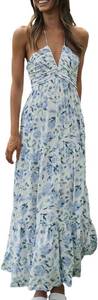 lot 23305 image: Womens Halter Neck Floral Maxi Dress 2024 Summer Boho Long Sundress Sexy Sleeveless Backless Flowy Ruffle Dress Size Large