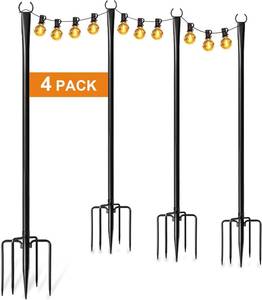 lot 23323 image: 4 Pack String Light Poles for Outside, Thickened Metal Christmas Lights Hanger Pole Outdoor with Fork, Lighting Hanging Post Accessories for Patio Decor Garden Backyard Yard Outside Decorations