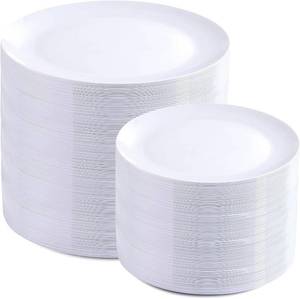 lot 23324 image: PULOTE 200 Pieces White Plastic Plates Disposable - Include 100PCS 10 inch Dinner & 100PCS 7 inch Dessert Plates, Ideal for Party & Wedding